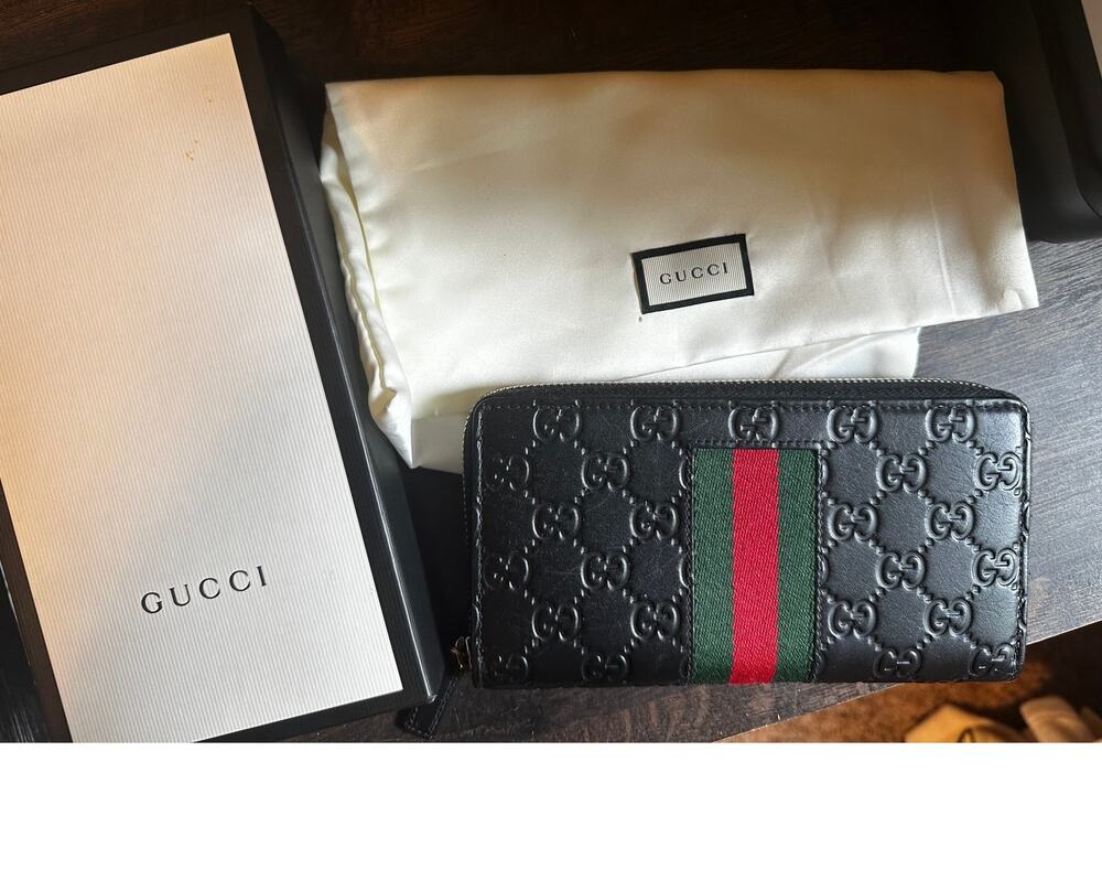 GUCCI BLACK GUCCISSIMA LEATHER WEB ZIP AROUND LONG WALLET